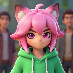 a beautiful headshot portrait of a cute splatoon anime male with pink hair and pink wolf ears wearing a green hoodie. character design by cory loftis, fenghua zhong, ryohei hase, ismail inceoglu and ruan jia. artstation, volumetric light, detailed, photorealistic, fantasy, rendered in octane
