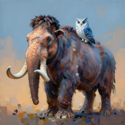 painting of hybrid between mammoth!!!!!!! & owl, intercrossed animal, by zdzislaw beksinski, by tiffany bozic, by chris buzelli, cold hue's, warm tone gradient background, concept art, beautiful composition, digital painting