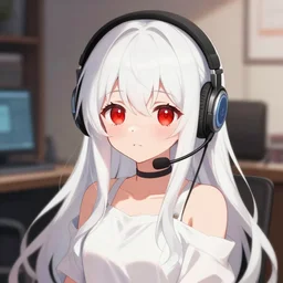 anime visual of a cute girl, with + ( ( red eyes ) ) + long white hair + ( ( wearing a headset in her room interior ) ), poster by pixiv fanbox, danbooru