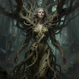 an epic highly detailed illustration of a gorgeous woman with massive intertwining tree roots for a body body, in the style of greg rutkowski and drew struzan and algernon blackwood, realistic digital painting, brutalist futuristic, supernatural lighting