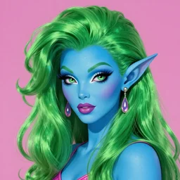 Elf with blue skin, alien skin, blue elf, blue, blue-skinned elf, green hair, glam hair, hairspray, big hair, wild hair, 80s hair, glam make-up, 80s, illustration, fantasy art, trending on ArtStation, 1980s fantasy art