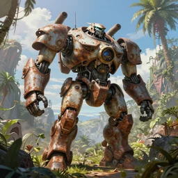 a hyperrealistic painting of a gigantic rusty and broken old mech on alien jungle planet, sunny weather, a detailed matte painting by jim burns and christophe vacher, frostpunk, hires render, hirs, 8 k, 4 k, ambient light, light occlusion, vray
