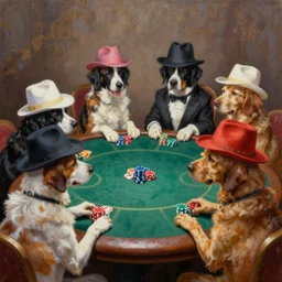 oil paining of 4 dogs playing poker and wearing hats, style of robert cunningham, photorealistic, photorealism, high resolution, sitting around a poker table,
