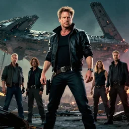 movie still frame, cyberpunk harrison ford in epic pose, a starship wreckage in the background, beautiful composition, 8 k, cgi, by ridley scott, james cameron, zack snyder and michael bay