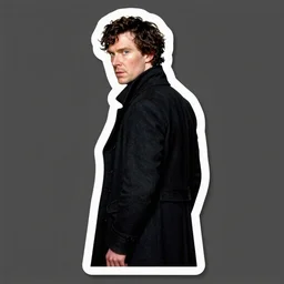 dye cut sticker of benedict cumberbatch as sherlock, wearing a black overcoat facing over his left shoulder towards the camera