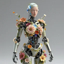 futurustic female robot made of the most beautiful flowers , bouquets, fisheye lens, unreal 5, DAZ, hyperrealistic, octane render, dynamic lighting