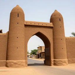 High-quality photography of a West African city gate made of mud bricks, wide-angle lens, Canon TS-E 17 mm, National Geographic