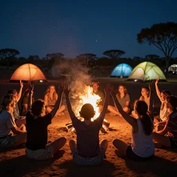 close photographic night portrait, shot from behind, of people celebrating sitting cross legged facing a fire, with a circular tent and colorful campsite out of focus in the background, in the australian desert