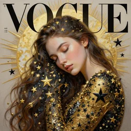 3 d, close - up, gold and black stars, sleepy fashion model, moon rays, vogue cover style, poster art, hyper detail, intricate oil painting, multiple exposure, morning mood, 3 d, by tooth wu and wlop and beeple and greg rutkowski