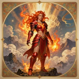 a beautiful young princess who is a fire wizard with fire red hair and freckles. she is wearing red dragon armor with an exposed midriff. she is standing on a mountain top with epic clouds, god rays, and volumetric lighting. an intricate illustration that is a highly detailed digital painting. concept art by artgerm with border and embellishments inspired by alphonse mucha. inspired by brom art and larry elmore.