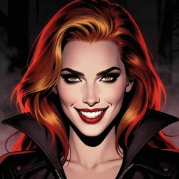 in the style of Rafael Albuquerque comicbook cover art, beautiful scary female vampire Jennifer Connelly glowing red and gold hair, smiling, sharp teeth, clear clean face, two perfect eyes, perfect eyes perfect symmetrical eyes, symmetrical face, sarcastic pose,dark and smoky background