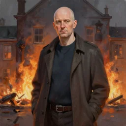 an artstation trending portrait painting of a bald english man standing in front of a building on fire, fine painting