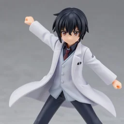 complete figure of rintaro from steins gate wearing a comfy labcoat, personification, tsurime eyes, tareme eyes, eyes by kon satoshi, pvc figure, dynamic pose, amiami, aniplex, kotobukiya, beautiful composition, 8 5 mm, f 1. 8, high detail