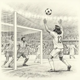 a pencil drawing of jesus scoring the winning goal at the world cup final