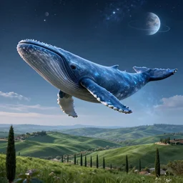 highly detailed cinematic scifi render of a flying whale over the tuscany skies, cypresses and hills, stars and planets, hyper detailed, digital art, led lighting, studio quality, smooth render, unreal engine 5, octane render, trending on artstaion.