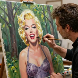 a closeup photorealistic photograph of bob ross working on a canvas painting of marilyn manson. happy trees. film still. brightly lit scene. this 4 k hd image is trending on artstation, featured on behance, well - rendered, extra crisp, features intricate detail, epic composition and the style of unreal engine.