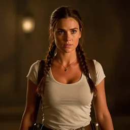 Still of Lara Croft in the movie Indiana Jones and the Last Crusade, cinematic lighting, bokeh, 4k