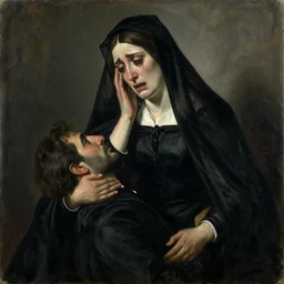 lavish cambrian by peter zumthor. this illustration was painted in 1 9 3 7 during the guerra civil espanola. the woman in the illustration is weeping for her dead husband. she is wearing a black dress & a black veil. her face is distorted by grief. the illustration is dark & somber.