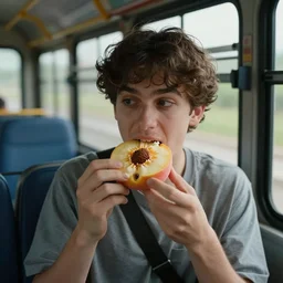 i was in a 🚌 and while inside it, i had to eat a delicious 🍑. 8 k, octane render, cinema lighting, hyper - realistic details. third person view.
