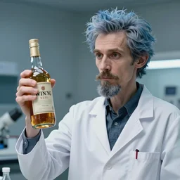 Photograph of a skinny mad scientist with a unibrow and spiky bluish gray hair, wearing a lab coat and holding a bottle of booze