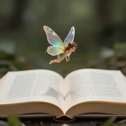 a very small fairy hovers above an big open book, highly detailed, digital painting, sharp focus, fantasy art