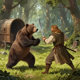 medieval fight between a bear an a gipsy man with a sword. in the sherwood forest. trending on artstation, craig mullins, rutkowski. gipsy caravan