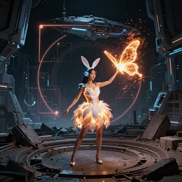 a girl like yoona, in a glowing skirt with feathers, wearing cybernetic bunny ears, casting fire spell in shape of a butterfly, in the middle of round ruins, background cyberpunk spaceship, full shot, photo, geometries, Fibonacci, volumetric lighting, epic composition, intricate details, dark neon punk, by denis villeneuve , Greg Rutkowski and Alphonse Mucha