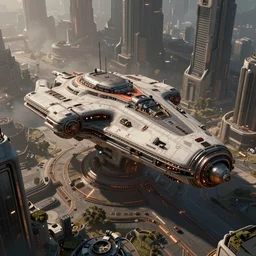 a single large dieselpunk futuristic alternate reality and physics spaceship seen from the surface of a busy metropolis, star wars, star citizen digital art, trending on art station