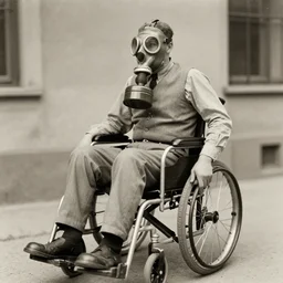 gas mask guy in a wheelchair, realistic, old photograph