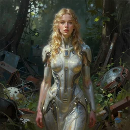 an intricate concept portrait painting of a futuristic woman standing in a junkyard undergrowth, style ivan talavera and artgerm, radiant lighting, hyper realistic, photorealistic, octane render, artstation, cgsociety, cinematic light, global illumination, sci - fi