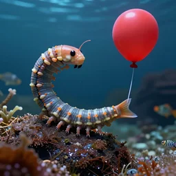 a centipede with a fish tail holding a red baloon in a leg, photorealistic marine scene, detailed, vllumetric light