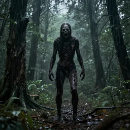 horror spooky raining forest with a slenderman, natural environment, cinematic, realistic, highly detailed, 8k render, unreal engine 5