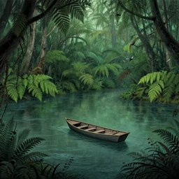 lonely boat floating on a river in the jungle, ferns, birds. digital drawing by tomm moore, wes anderson, jean pierre jeunet, tim burton, guido crepax. ultra detailed.