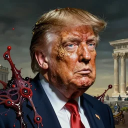 donald trump's disgusting true form bursting from within, gross, slimy, sleazy, pustules, high details, intricate details, by salvador dali
