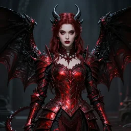 Gothic princess in dark and red dragon armor with black wings, artstation trending, cinematic, highly detailded
