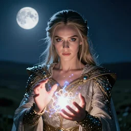 closeup of a very good looking fantasy sorceress wearing amazing detailed clothes, holding magical energy in her hands on an empty moonlit hill, dramatic lighting, lens flare, 3 5 mm f 1. 2, professional photography, kodak ektar