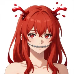 a redhead female zombie with red fluid pouring out of her head and braces, yasushi nirasawa style