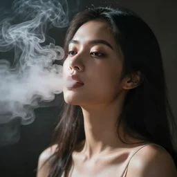 a beautiful filipino woman breathing out incredible thick smoke covering her face, very very very very dramatic lighting, gta art