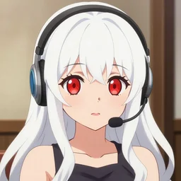 high quality anime key visual of a cute girl, with red eyes!!!! and long white hair!!!! wearing a headset in her room interior, anime art by ilya kuvshinov, crunchyroll, pixiv, danbooru,, flat, hd, 4 k