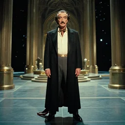the full body portrait of ( ( ( ( ( salvador dali ) ) ) ) ) as emperor of universe in the space palace, proportional face | still frame from the movie by alejandro jodorowsky with cinematogrophy of christopher doyle and art direction by hans giger, anamorphic lens, 8 k, low key light, 3 5 mm film