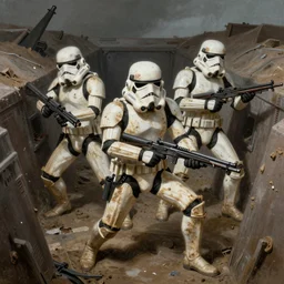 a photograph of a star wars imperial dirty filthy muddy stormtroopers crouching in the trenches of ww 2, action pose, thomas kinkade, greg rutkowski, detailed illustration, digital art