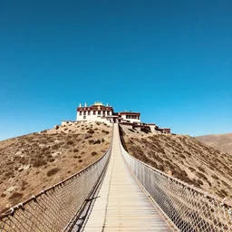 landscape of clear azure sky, tibetan temple on the top of a mountain with a woooden and rope bridge arriving to their main door, intricate details, art by artgerm and greg rutkowski and alphonse mucha, concept art, octane render, highly detailed
