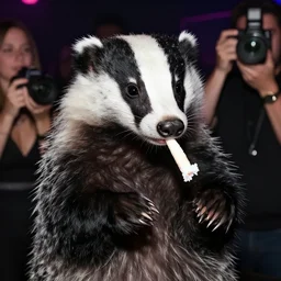 anthropomorphic badger snorting cocaine!!!!!!!! at exclusive trendy nightclub, candid photo, paparazzi