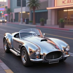 a wholesome animation key shot of!! one!! focused!! ac cobra!!, highly reflective unpainted stainless steel, in a las vegas street, medium shot, sharp, very detailed, high resolution, rendered in unreal engine 5, anime key art by greg rutkowski, bloom, dramatic lighting