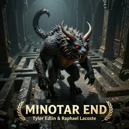 The Minotaur End-boss by Tyler Edlin and Raphael Lacoste, fantasy art, maze corridors in the background, wide angle, cinematic composition, dark moody lighting