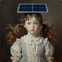 a young girl portrait with porcelain face and hazelnut big eyes, two ponytails flying in the wind, dressed in a vintage long dress, solar panels in her head, conceptual art, oil fantasy painting, hyperdetailed, dramatic light, 8 k