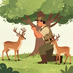 Hunter hunting a beautiful deer, a tree of life in the background + beautiful digital art + trending on artstation + 8k