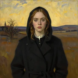 Elle Fanning in a black coat, religious masterpiece portrait, oil on canvas, golden hour, in the world of Andrew Wyeth and Bloodborne, artstation, by Jean Giraud Moebius,