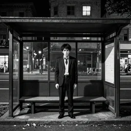 dark city bus stop, by junji ito,black and white, very detailed, ArtStation