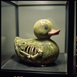 Kodak Portra 160 35mm photograph of rubber duck skeleton aged, decayed, mossy in glass case